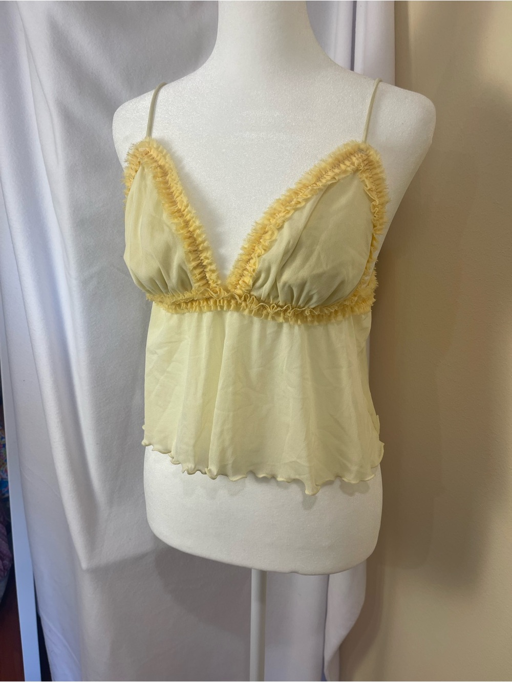 Out From Under Dryad Y2K Babydoll Cami Yellow Ruffle Crop Top M Coquette Fairy